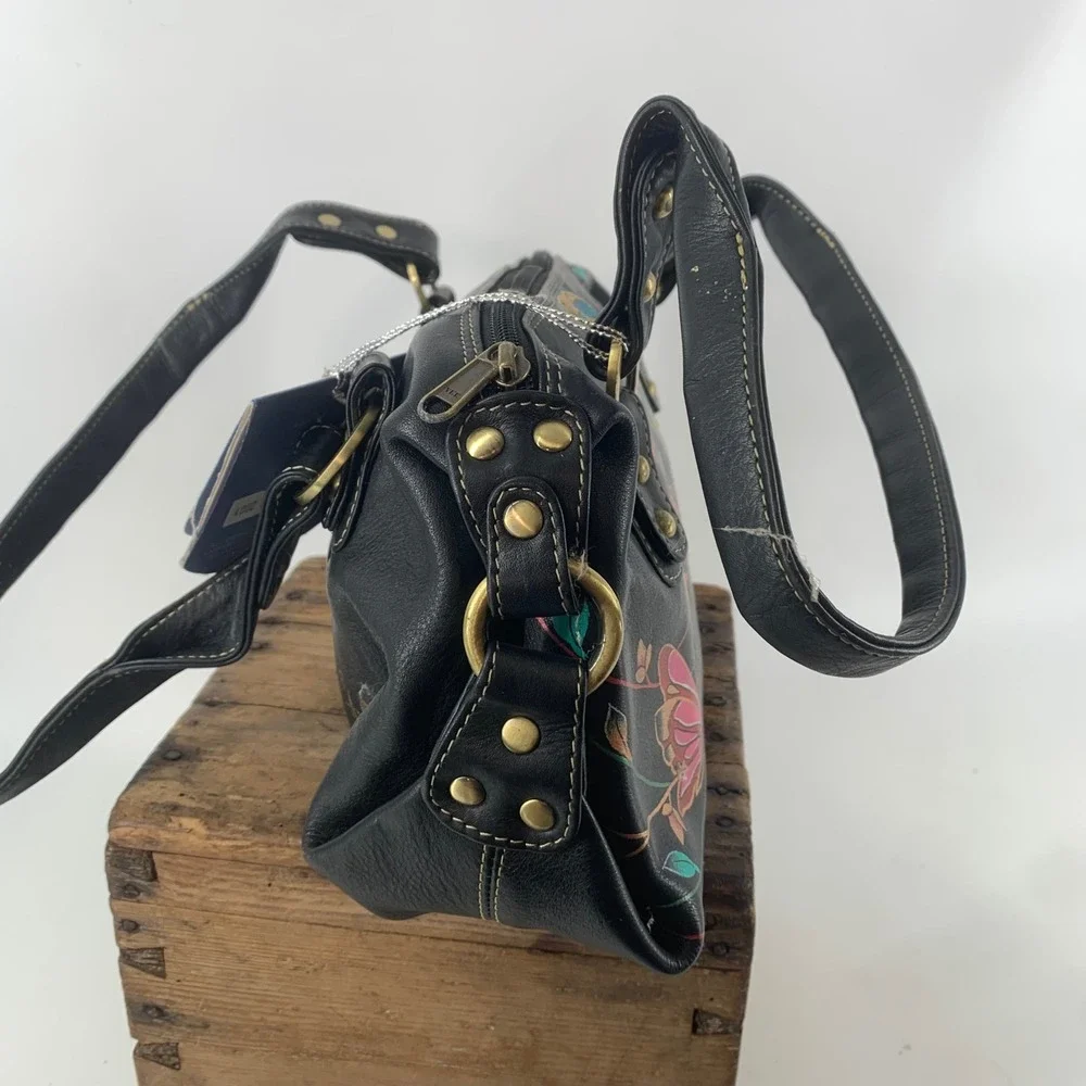 Anuschka Hand Painted Leather Butterfly Satchel Bag Black Floral NWT